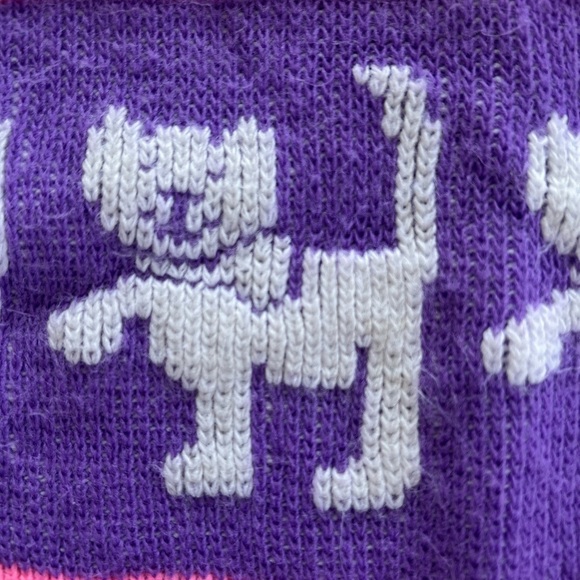 Vintage Hot Fudge Kitty Kitten Cat Neon Checkered Knit Sweater Purple Pink GUC - Picture 5 of 9